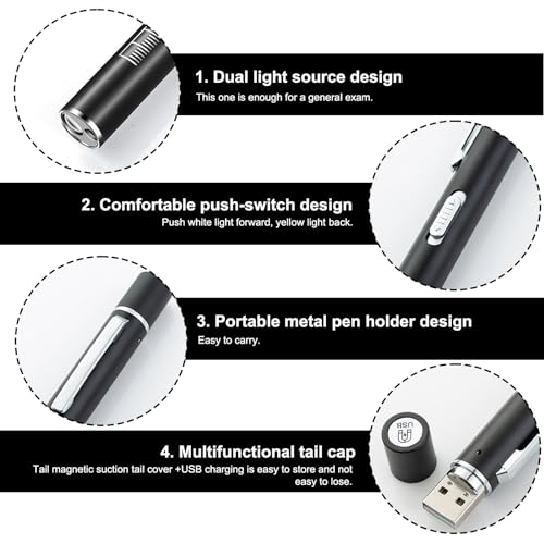 3 Stück Pupillenleuchte Medizin, Diagnostikleuchte Aufladbar USB Stiftlampe Pupillenleuchte Rettungsdienst Zubehör mit Pupillenmessgerät Lineal, Geeignet für Krankenschwester Ärzte