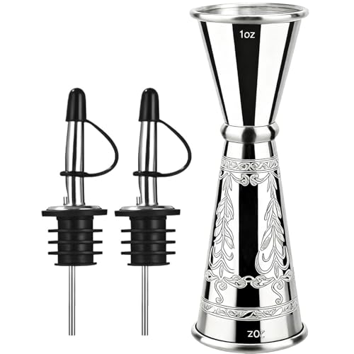 Pafusen Jigger for Bartending, Japanese Professional Cocktail Jiggers, Jiggers 2 OZ 1 OZ with Measurements Inside, Premium 304 Stainless Steel (Rose Gold, 1 Jigger+ 2 Pourers with Caps)