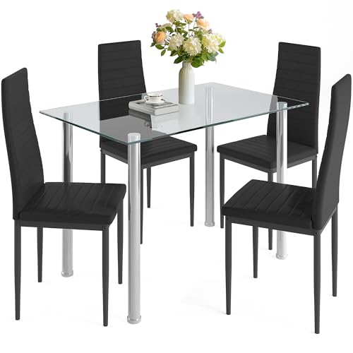 HUGROVE Dining Table Set for 4 Modern Kitchen Table Chairs Set of 4 with Tempered Glass Tabletop & Stainless Steel Legs, 4 Upholstered PU Leather Chair for Kitchen, Breakfast Nook, Living Room (Black)