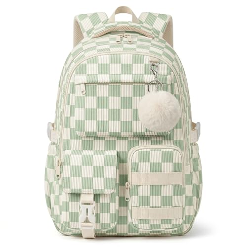 shiprabags Corduroy Backpack for Teen Girls Aesthetic Cute Green Gingham School Backpack with Multi-Pocket Lightweight Bookbag Fits 15.6 Inch Laptop Large Capacity Casual Daypack for School Travel