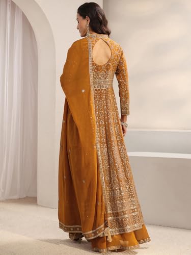 Image of Libas Art Embroidered Georgette Anarkali Kurta With Palazzos and Dupatta | ethnic wear | bridal suit | occasion wear