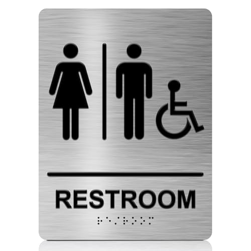 DALLAHASEE ADA Braille Unisex Bathroom Sign with Double Sided 3M Tape (Pack of 1) - Aluminum Handicap Bathroom Sign 6” x 8” for Offices and Restaurants