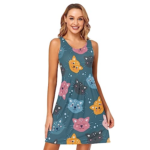 Rostos coloridos de gatos em um fundo azul vestidos femininos, vestido casual de verão, vestido curt