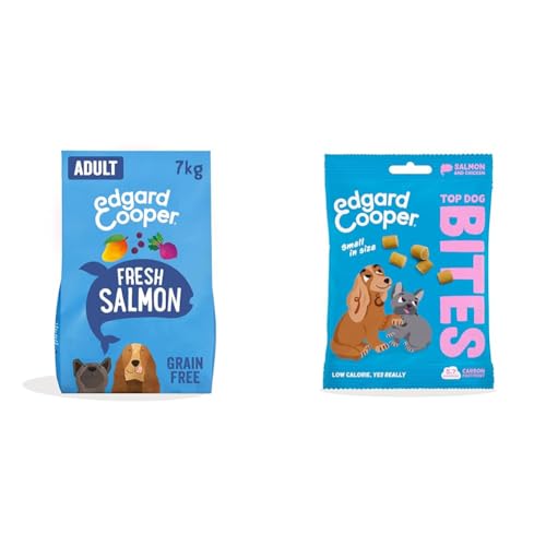 Edgard & Cooper Alimento Seco para Perros Salmón Sin Cereales 7 kg + Premios para Perros Salmón Bites 1x50g - Pack de Croquetas y Premios