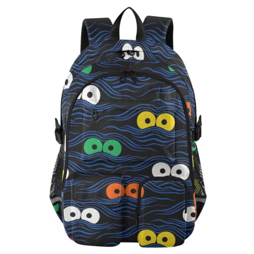 Mochila de viaje escolar con diseño de ojos misteriosos azul y negra juvenil