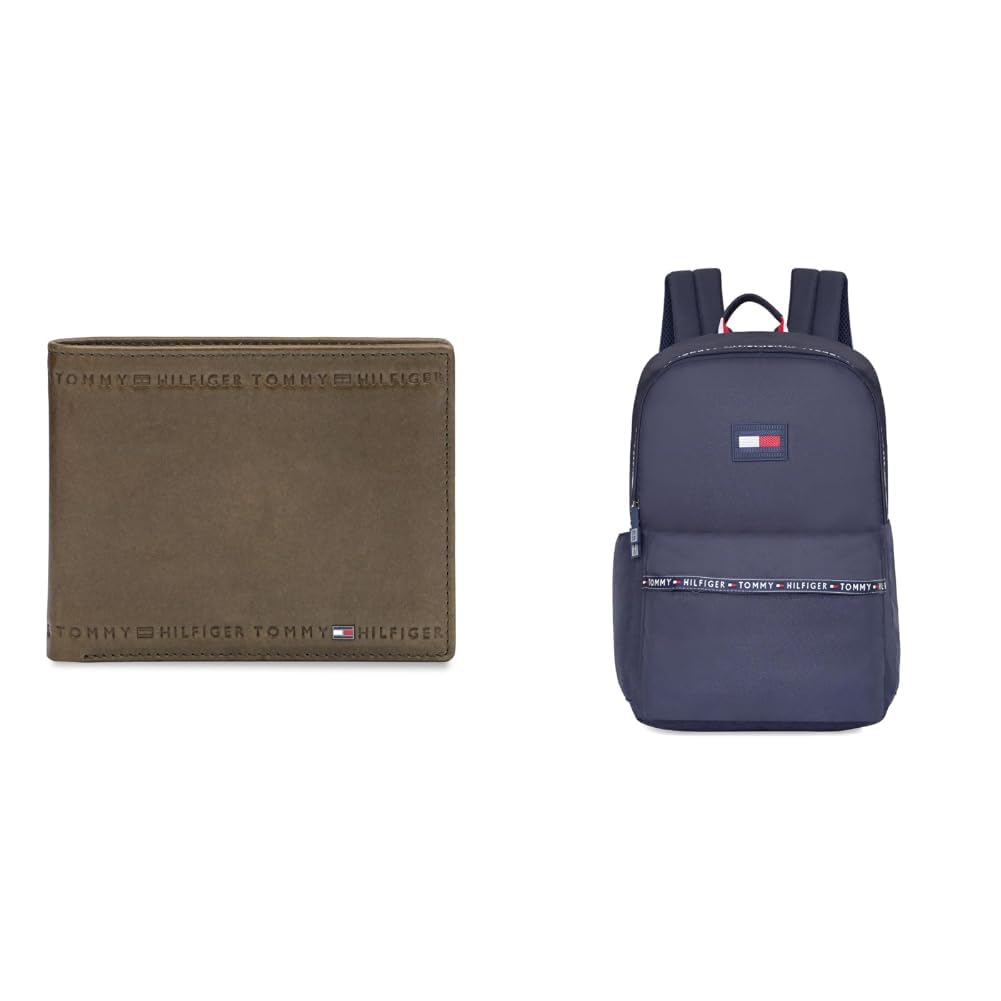 Men's KANTOU Passcase Wallet - Olive | Leather with Embossed Texture | High-Capacity + Unisex Joplin Polyester 14 Inch Laptop Backpack - Navy-image-9