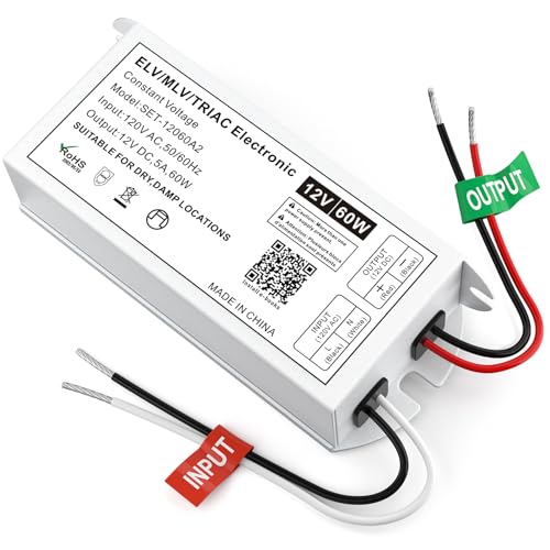 Dimmable LED Driver 60W 12V, Triac/ELV/MLV Transformer for LED and Halogen Lighting, Compatible with Lutron &amp; Leviton Dimmers, Suitable for Indoor/Outdoor Applications