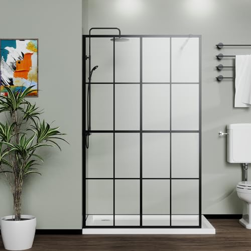 Gejok 46” x 72” Shower Screen Panel Walk In Wetroom, Black Aluminum Frame, 0.2” Tempered Glass, Fixed Single Panel, Frameless Open Entry, Adjustable Support Bar, Easy Installation, Bathroom Divider
