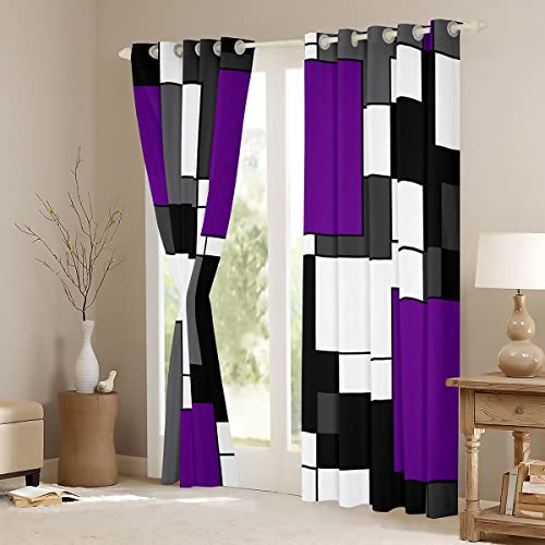 Purple Geometric Window Curtains Black White Grey Square Window Drapes For Kids Boys Girls Room Decor, Modern Abstract Window Treatments Grommet Top 2 Panel Set Bedroom Curtains, 38Wx45L Inch #TOP2