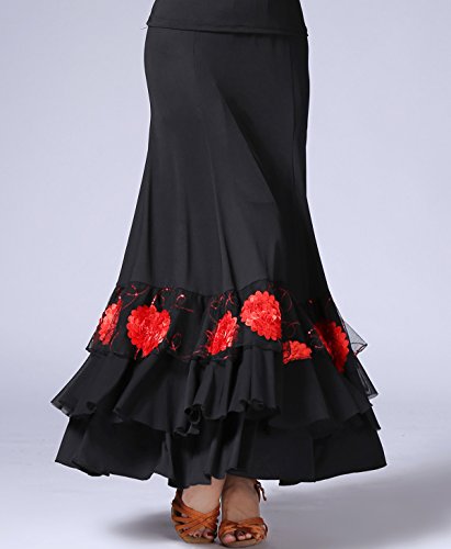 Whitewed Long Floral Ballroom Waltz Foxtrot Latin Flamenco Party Square Dancing Skirts Black/Red,One Size #TOP1