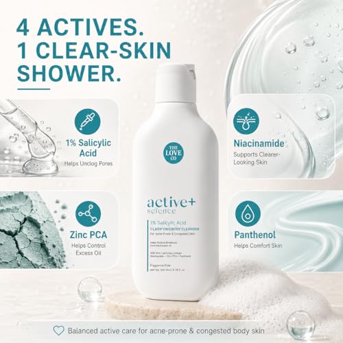 Image of THE LOVE CO. 1% Salicylic Acid Body Wash for Acne-Prone Skin, Clarifying Body Cleanser with Niacinamide, Zinc PCA & Panthenol, Fragrance-Free Shower Gel for Body Acne & Strawberry Skin, 200 ml