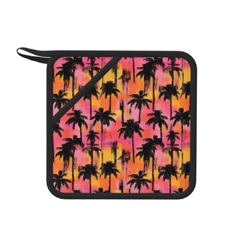 Soportes para ollas con estampado de silueta de paisaje tropical para cocina, soportes de silicona con lazo para colgar, almohadillas antideslizantes para horno, agarraderas resistentes al calor para