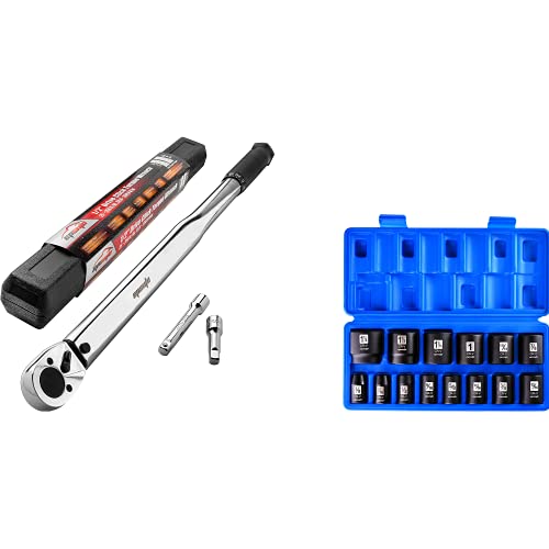 EPAuto 1/2-Inch Drive Click Torque Wrench 1/2-Inch Drive SAE Shallow Impact Socket Set, CRV