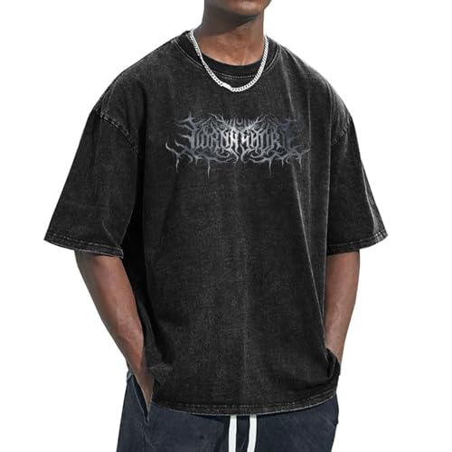 Lorna Music Shore Men's Vintage Washed Soft Cotton Drop Shoulder Crew Neck Short Sleeve T-Shirt Black