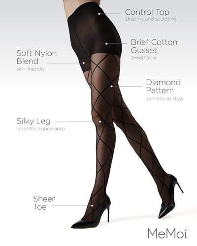 MeMoi Diamond Patterned Sheer Tights, Elegant Control Top Tights for Women, Flexible Comfort - Sizes Small to Large3