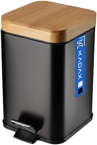 KADAX Pojemnik na odpady ze stali malowanej proszkowo, 3 l, pojemnik z pojemnikiem i pedałem nożnym, kosz na śmieci z automatycznym opuszczaniem, kosz na śmieci z bambusową pokrywką (czarny)