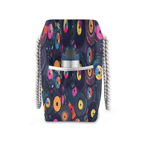 Vinyl Record Beach Bag with Top Zipper Closure, Waterproof Pool Bag, Large Beach Tote for Women#1123