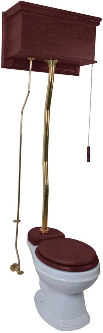 Renovators Supply Manufacturing High Tank Pull Chain Toilet With Cherry Wooden Flat High Tank 59 In. To 74 In. Adjustable Height Brass Z Pipe And Round Toilet Bowl