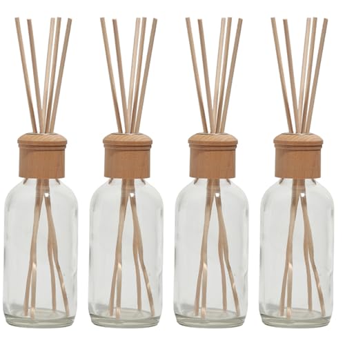 Whole Housewares Reed Diffusers for Home Transparent Glass with Wooden Top Elegant Empty Design Ideal Bathroom Diffuser 4 Pieces Stable and Artistic Base Oil Stick Diffuser 49 x 19 in