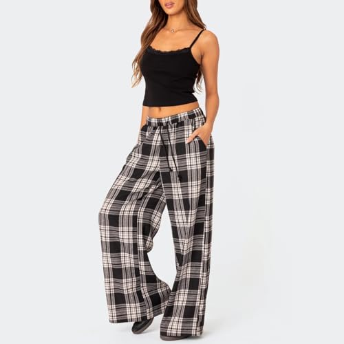 Women Drawstring Plaid Print Loose Pants Low Rise Show Navel Casual Trousers Elastic Waist Wide Leg Lounge Pants3