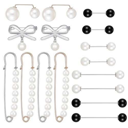 DOPENSPI 16 Pcs Pearl Brooch Pins Set, Decorative Safety Pin Pant Waist Tightener Pins for Clothes Sweater Shawl Hat Clips White Collar Clips for Cardigan Dress Sweater