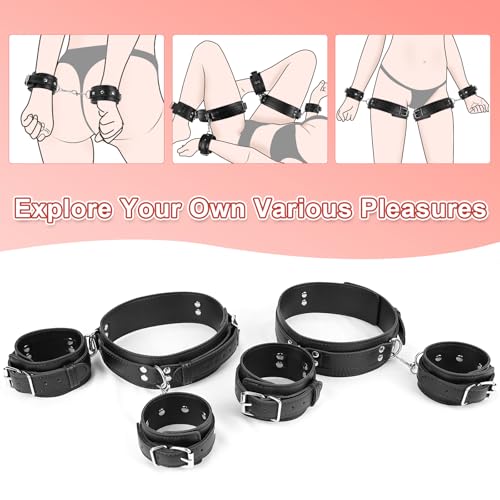 BDSM Bondage Handgelenk Oberschenkel und Knöchelriemen Fesseln Set, Sexspielzeug für Frauen mit Verstellbaren Beinriemen Handschellen, Leder 3 in 1 Kit für Paare Anfänger Spiel (Dark)