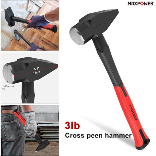 Image of MAXPOWER 5-Piece Hammer Set - 3LB Sledge & Cross Peen, 500g Chipping, 32oz Ball Peen & 24oz Rubber Mallet