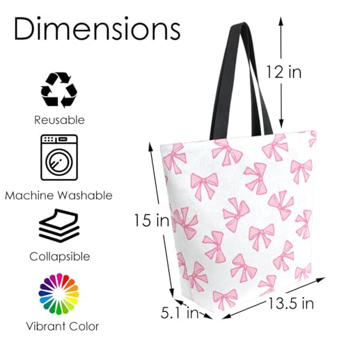 Light Pink Bows Cute Pink Bow Canvas Tote Bag for Women with Zipper Pocket Reusable Grocery Shopping Bags Large Travel Shoulder Bag Handbag Bags4
