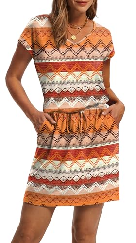 Image of OFEEFAN Summer Dresses for Women 2026 V Neck T Shirt Casual Mini Dresses Tie Waist Sundresses with Pockets