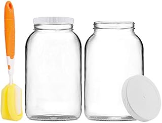 Artcome 3.8 Liters Glass Jar Wide Mouth with 2 Airtight Plastic Lids, 4 Muslin Cloths, 2 Rubber Bands, 2 Gold Mats and a Brush for Kombucha, Fermenting, Kefir, Storing and Canning, 2 Packs
