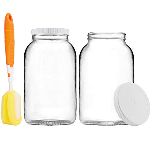 Artcome 2 Packs 3.8 Liters Glass Jars Wide Mouth with 2 Airtight Plastic Lids, 4 Muslin Cloths, 2 Rubber Bands, 2 Gold Mats and a Brush for Fermenting, Kombucha, Kefir, Storing and Canning