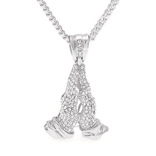 Chaîne cubaine plaquée or et pendentif main de prière glacé pour parfaire votre look streetwear