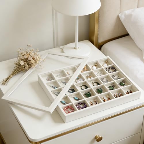 Image of Wudygirl Set of 2 Jewelry Organizer Stackable Jewelry Tray for Drawer Velvet Earring Holder Organizer with Lid Dust-proof Earring Case Ring Storage for Women Drawer Inserts 30 Grid (Beige)