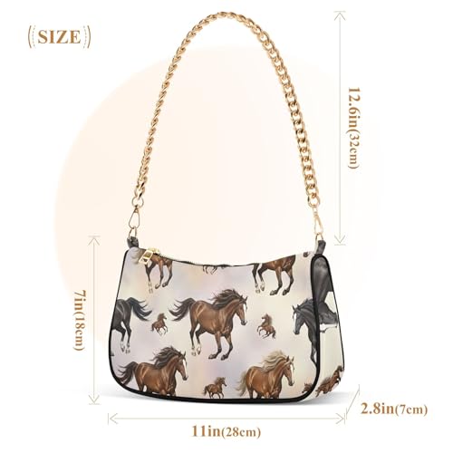 Watercolor Brown Horses Black Colorful Shoulder Bag for Women Small Hobo Purse Cartoon Clutch Handbag Zipper Closure3