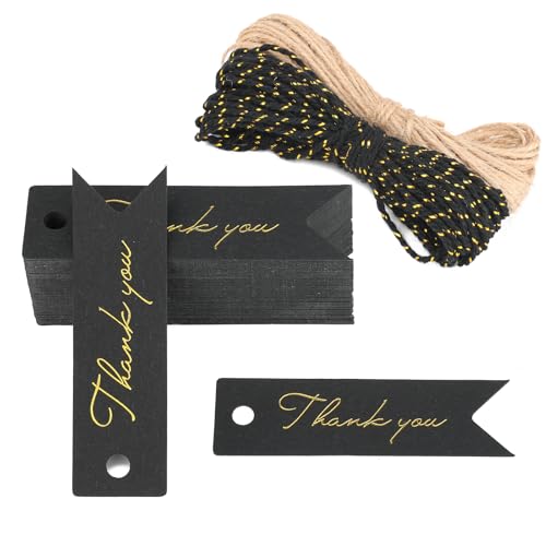 G2PLUS High-end Metallic Gold Thank You Tags, 100PCS 2.8'' x 0.8'' Gift Tags with String for Arts and Crafts,Gift Wrapping (Black)