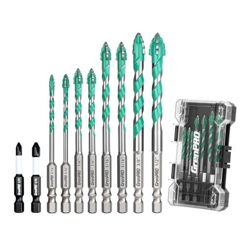 GRENPRO 8PCS Serrated Masonry Drill Bit Set, Hex Shank YG6X Carbide, 5/32" to 1/2" Industrial-Grade Eccentric Drill Bits for Concrete, Tile, Glass, Brick, Ceramic, Plastic, Wood, DIY & Home, Green