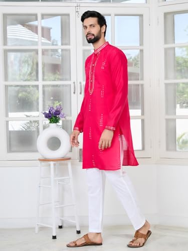 Image of See Designs Men's Full Sleeve Mandarin Collar Embroidered Thread Work Sequinned Rayon Straight Long Kurta - Festive Collection