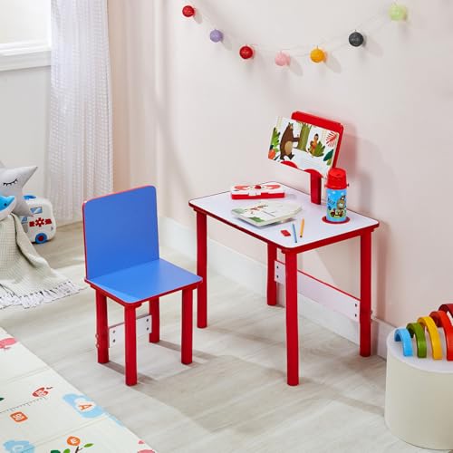 Image of Amazon Brand - Solimo Kids Study Table and Chair Set with Built-in Reading Stand & Cup Holder | Wooden Legs | Red