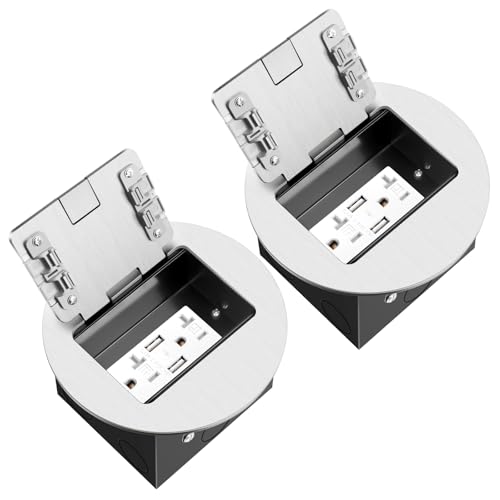 Vagueior Recessed Floor Electrical Outlet Kit, Circular Hidden 4.8A USB,20 Amp Tamper-Resistant Receptacle Outlet ?Waterproof Electrical Outlet Covcer Box, ETL Certified,Silver?2 Pack