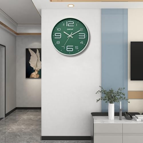 Image of OREVA 12 Inch Round Fancy Embossed Number Dial Contemporary Stylish Quartz Clocks Modern Analog Silent Wall Clock for Living Room Bedroom Home Decor Office AQ-9497SS (Green)