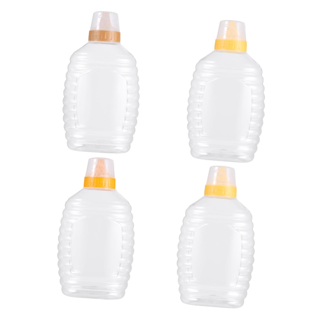 OUNONA 4Pcs Transparent Plastic Honey Bottle with Random Lid Colors Capacity for Honey Jam Bbq Sauce Oil and Ketchup Storage and Dispensing Home