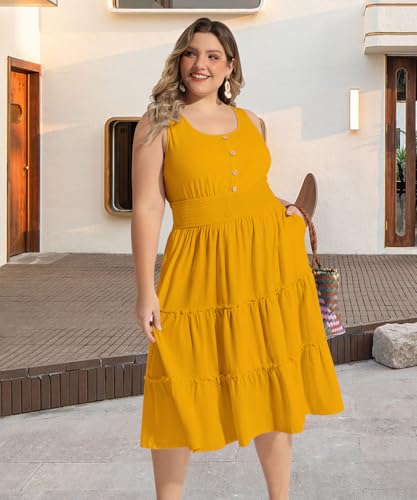 Image of RITERA Plus Size Summer Casual Dresses for Women Sleeveless Button Down Empire Waist Ruffle Tiered Swing Midi Dress XL-5XL