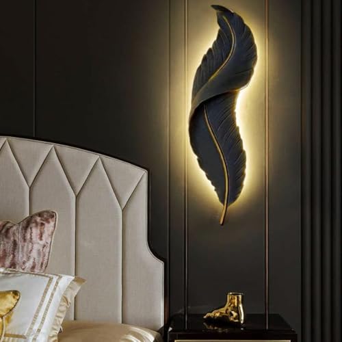 Image of Groeien 12W | 3 Color Modern LED Black Feather Wall Sconce Gold Wall Light for Bedroom Living Room Corridor Lighting Fixtures Wall Mount(Warm+Natural+Coolwhite)(Feather-Black, 1)