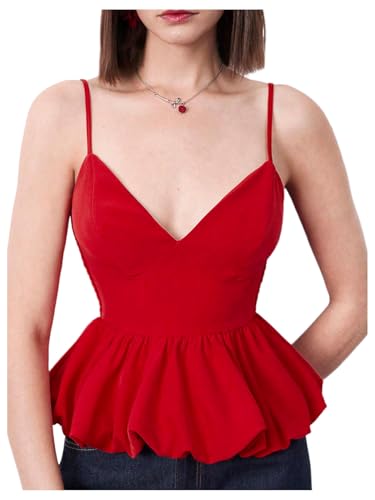 OYOANGLE Women's V Neck Ruffle Peplum Cami Top Spaghetti Strap