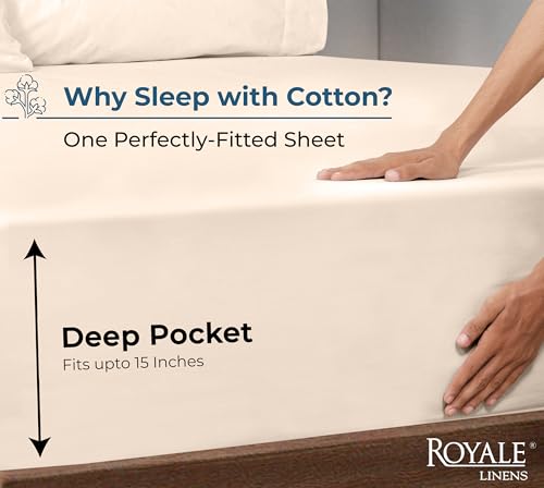 Image of Royale Linens 100% Organic Cotton Fitted Sheet - Percale Weave - Super Soft Deep Pocket Bottom Sheets - Cream Elastic Sheet King Size - King Fitted Sheets Only - (78 inchx80 inch+15 inch, Cream)
