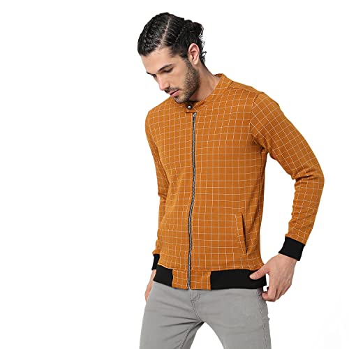 Image of Campus Sutra Men's Rust Orange Checked Textured Regular Fit Cotton Jacket For Winter Wear | Round Neck Collar | Full Sleeve | Zipper | Casual Jacket For Man | Western Stylish Jacket For Men