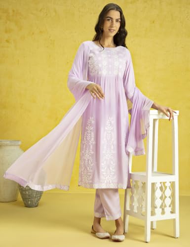 Image of Kaari Women's Chikankari Kurta Set with Dupatta -Fit & Flare Fit | Chiffon Dupatta with Embroidered Band | Straight Pant with Side Pocket | Kurta Set For Women