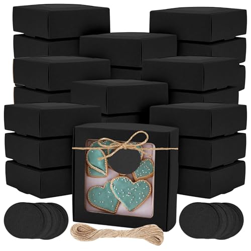 30PCS Cookie Boxes Black with Window - 4.13 x 4.13 x 1.18 Inch Durable Packaging for Baked Goods Small Bakery Containers for Pastries Gift Giving Bulk Food Storage Elegant Display for Desserts