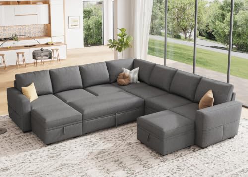 HONBAY Modular Sectional Sleeper Sofa with Pull Out Couch, Oversized U Shaped Sleeper Pull Out Bed with Storage Sectional Couches for Living Room - Dark Grey