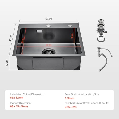 VEVOR Évier de cuisine 68 cm, évier à montage par le haut en acier inox 304, évier à poser à encastrer cuve simple avec accessoires, évier de lave-vaisselle ménager pour camping-car cuisine bar, noir – vue 7